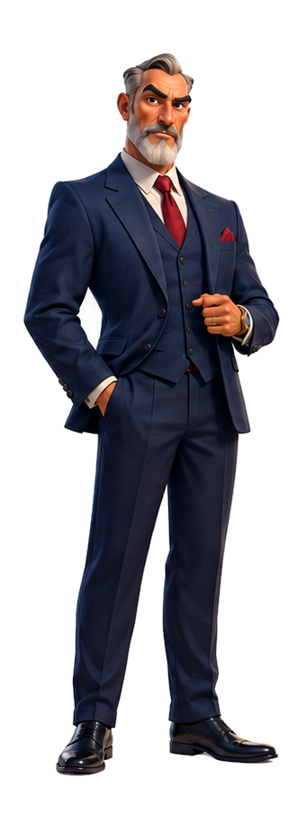 A buyer in a navy three-piece suit, sizing you up