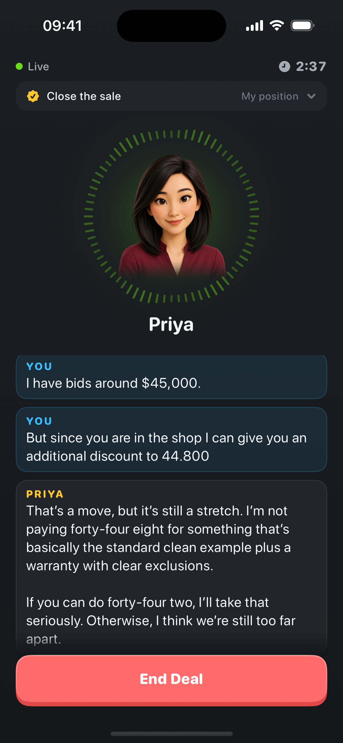 A Deal in progress: Priya on screen inside a live voice ring at 2:37, pushing back on the price