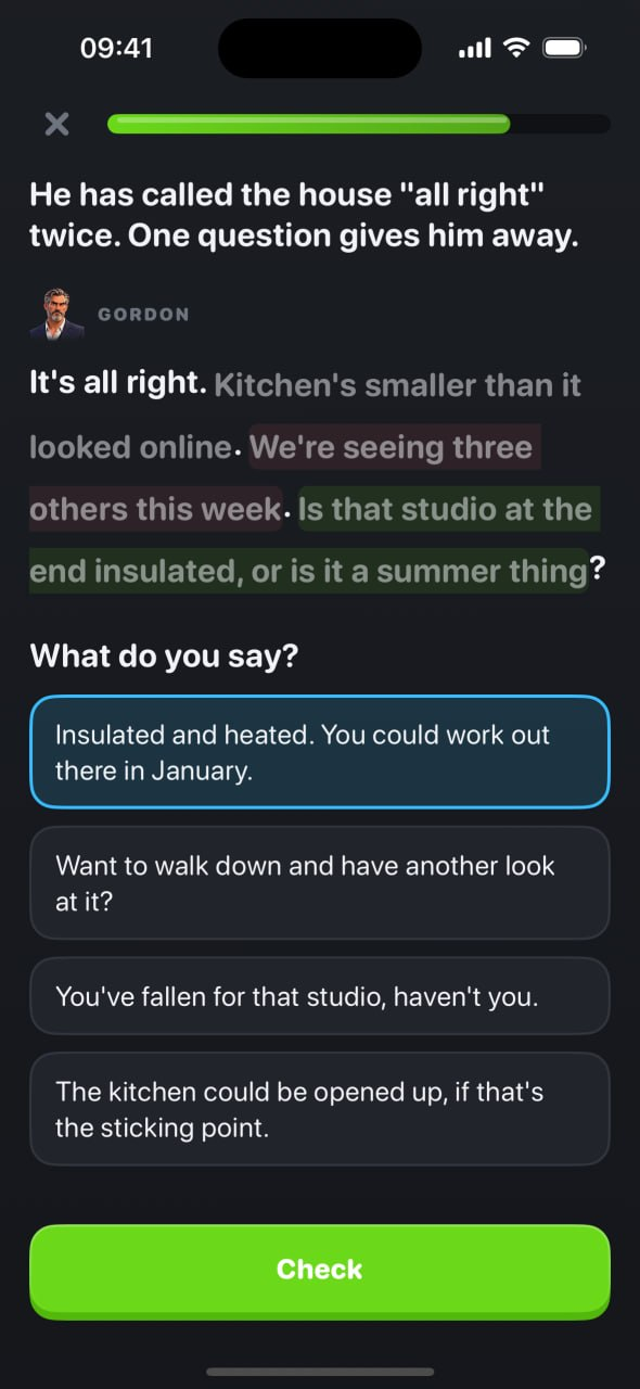 A drill: Gordon's line with the telling question highlighted, and four answers to choose from